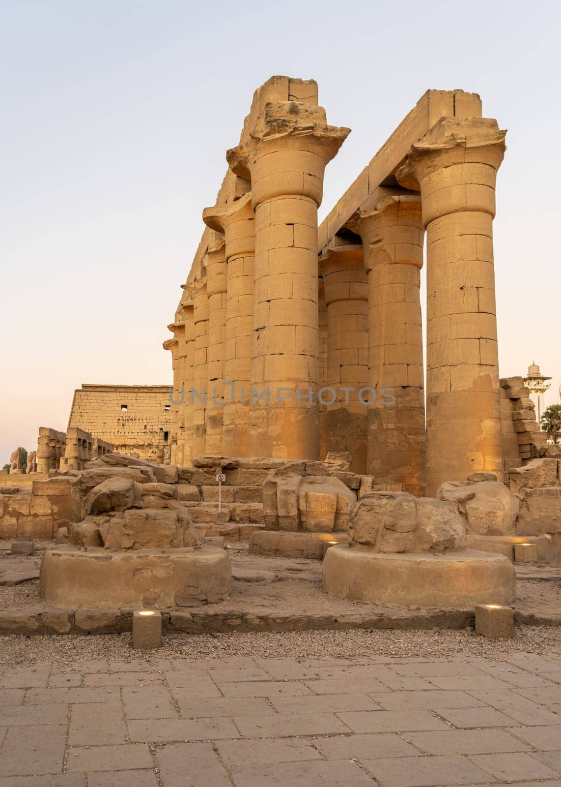 Massive numerous stone columns supporting roof of Luxor Temple in Egypt