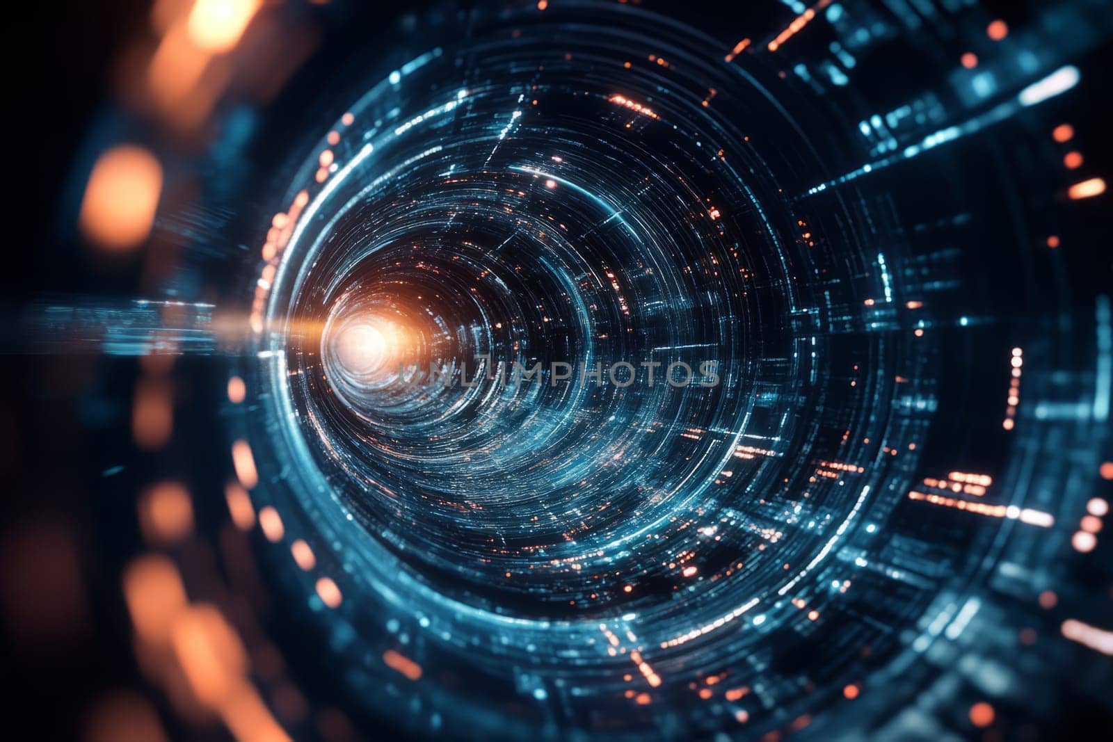Abstract blue tunnel background. Speed of light in galaxy and explosion in universe. Portal