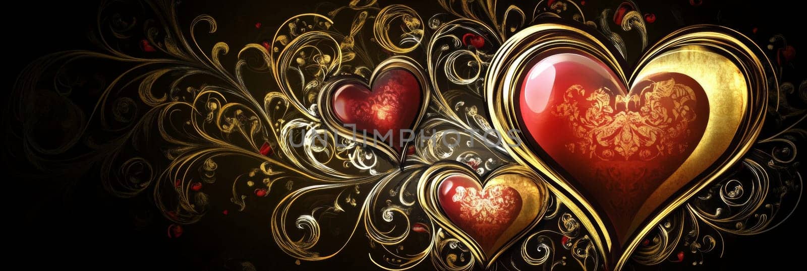 Elegant Valentines Day banner featuring ornate hearts intertwined with golden swirls on dark background. Perfect for expressing love and romance, ideal for decorations, cards, special events