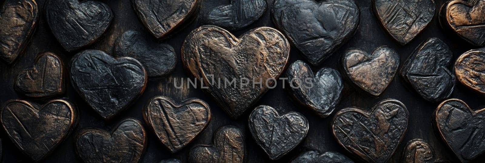 Stylish Valentines Day banner featuring metallic hearts in shades of gold, silver against dark background. Perfect for adding modern touch to romantic celebrations, ideal for decoration, social media