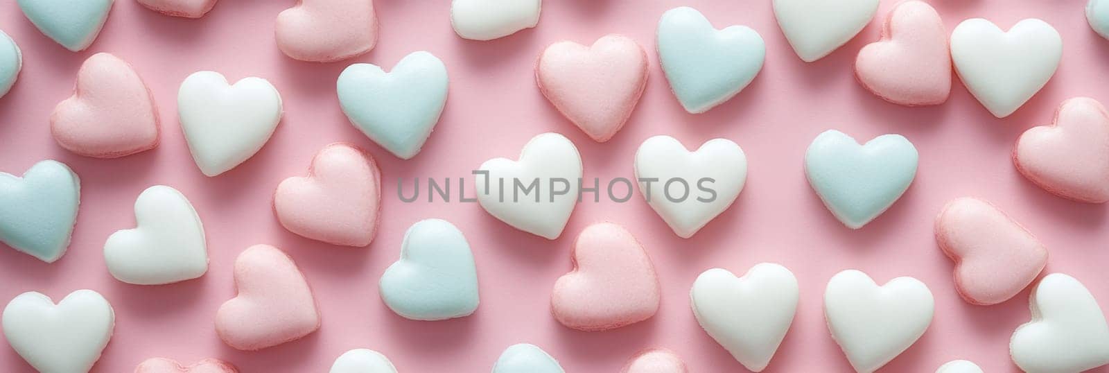 Charming Valentines Day banner featuring pastel-colored heart-shaped candies scattered on soft pink background. Perfect for adding sweet touch to celebration, for decoration, card, social media post