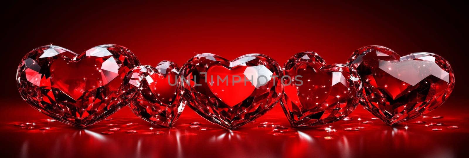 Stunning Valentines Day banner featuring sparkling red crystal hearts against rich red background. Perfect for adding touch of elegance and luxury to romantic celebration, for decoration, gift