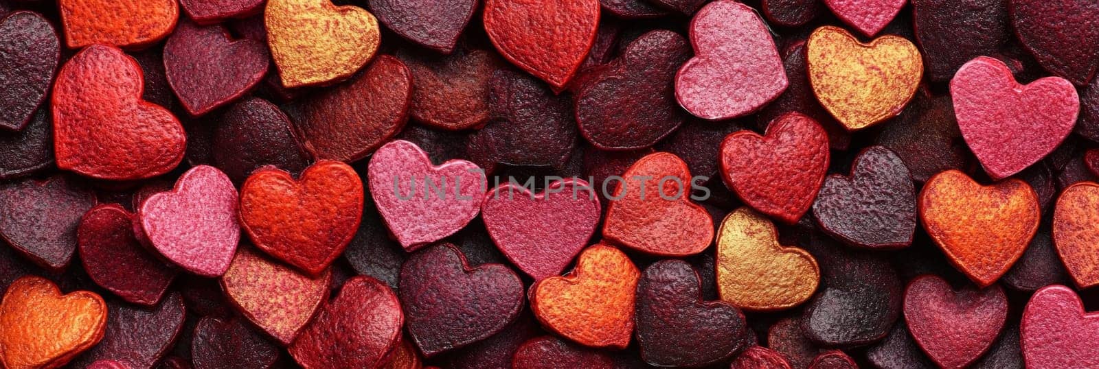 Vibrant Valentines Day banner showcasing array of colorful, textured hearts in shades of red, pink, orange. Perfect for adding warm, romantic touch to decorations, gifts, celebrations of love