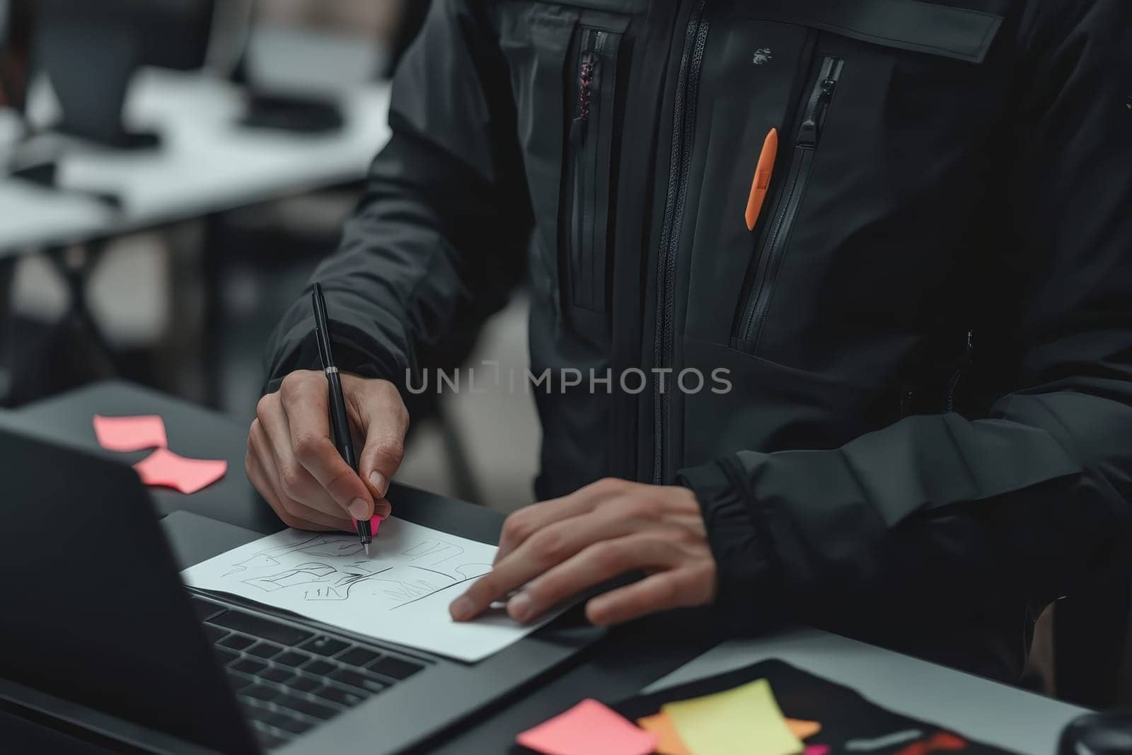 A person wearing a black jacket sketches design concepts on paper at a modern workspace, surrounded by sticky notes and a laptop, showcasing creativity and focus.