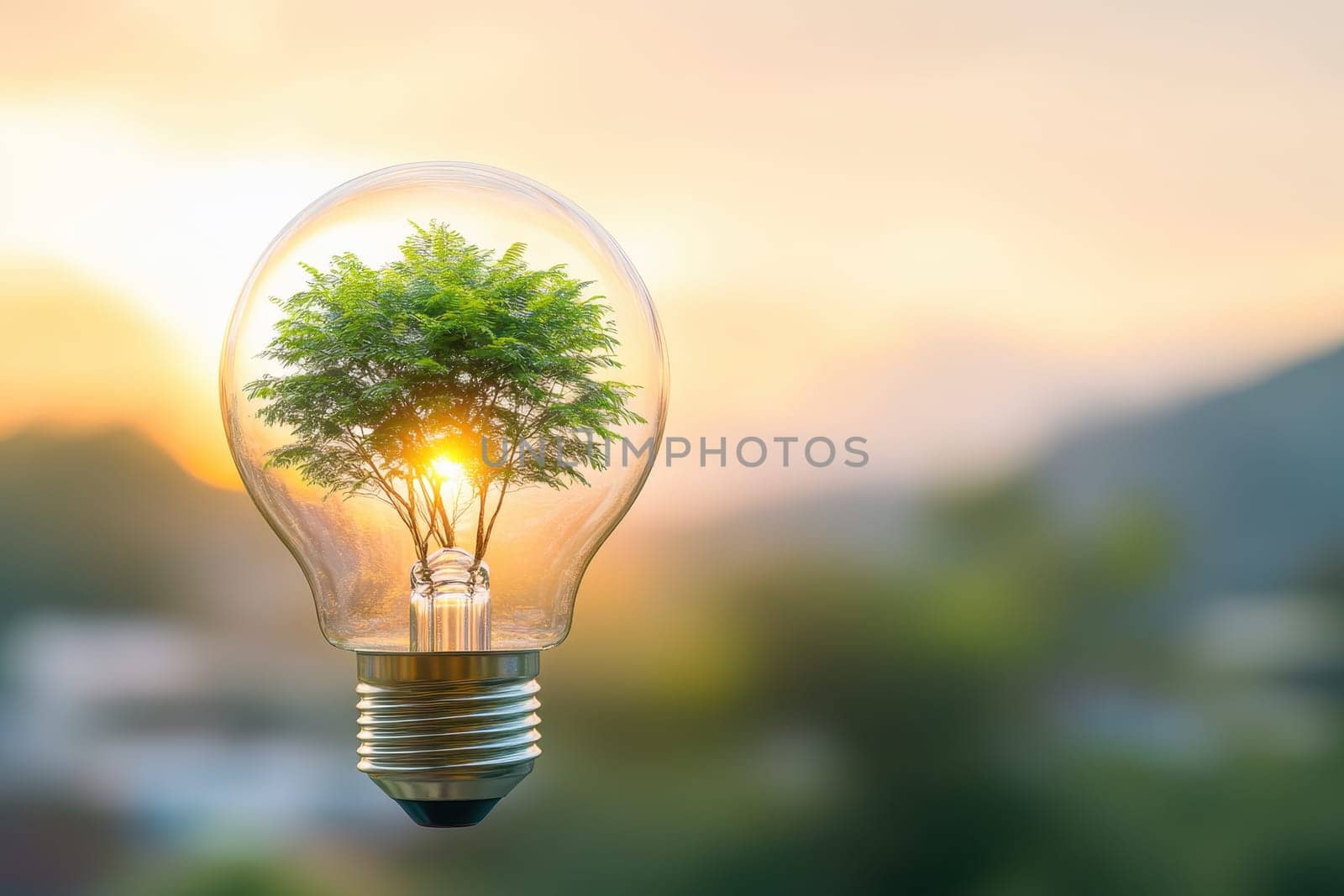A captivating image of a light bulb containing a tree, symbolizing sustainability and harmony with nature. The background features a warm sunset, enhancing the theme of coexistence.