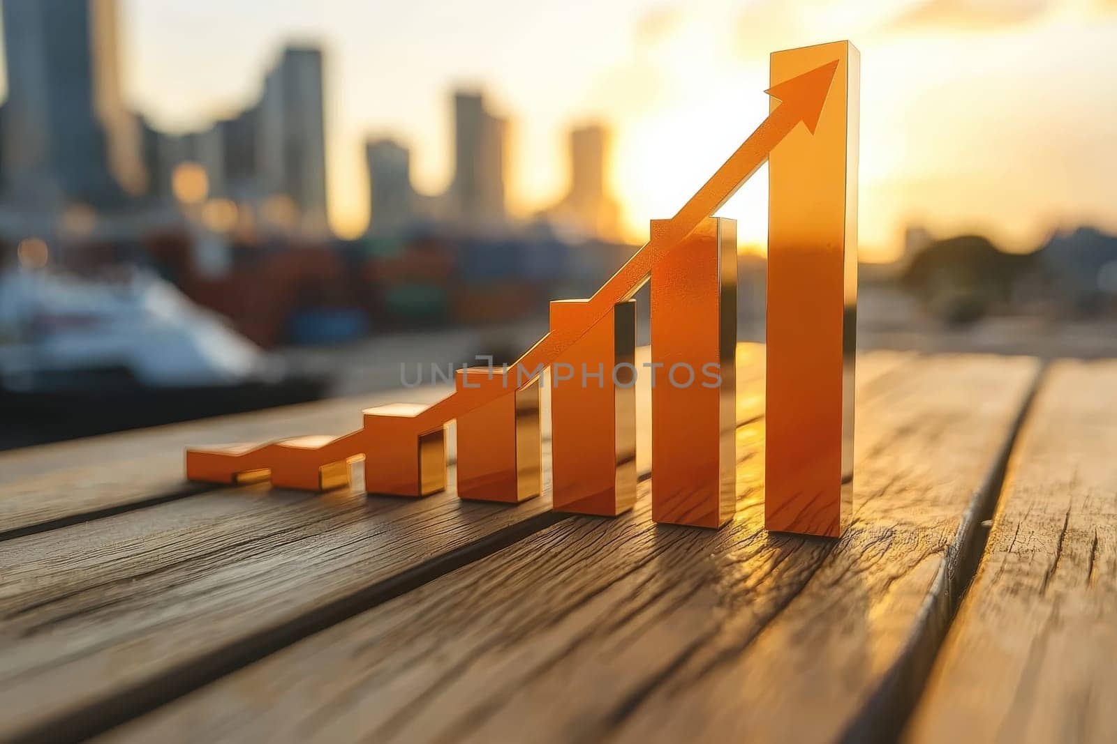 A vibrant orange growth chart elegantly rises against a sunset skyline, symbolizing financial success and business progress. Perfect for marketing and finance themes.