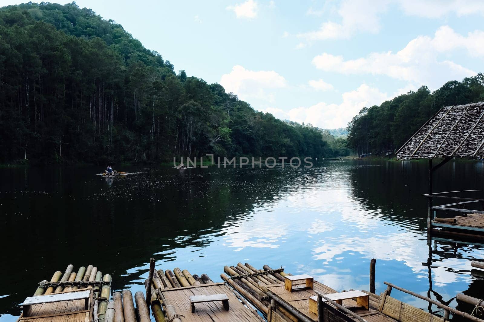 Bamboo rafts on the lake in the Pang Tong Under Royal Forest Park ( Pang Ung ), Mae Hong Son, Thailand. Pang Ung is a popular place to stay in a camping in the winter.