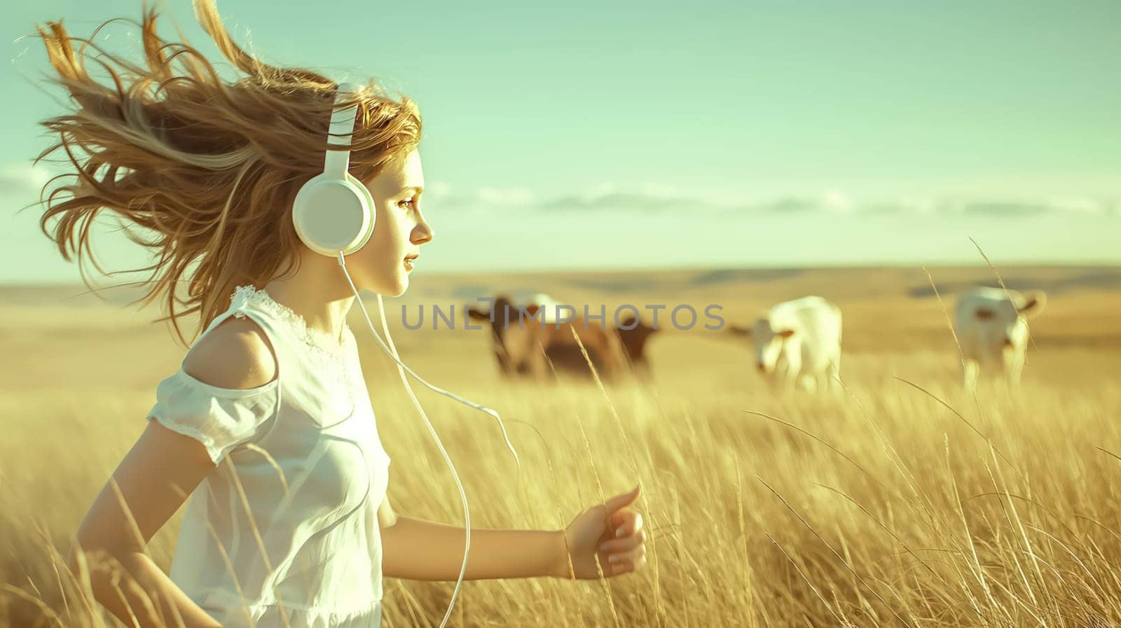 A cute girl with headphones is running through the countryside. Generative AI image