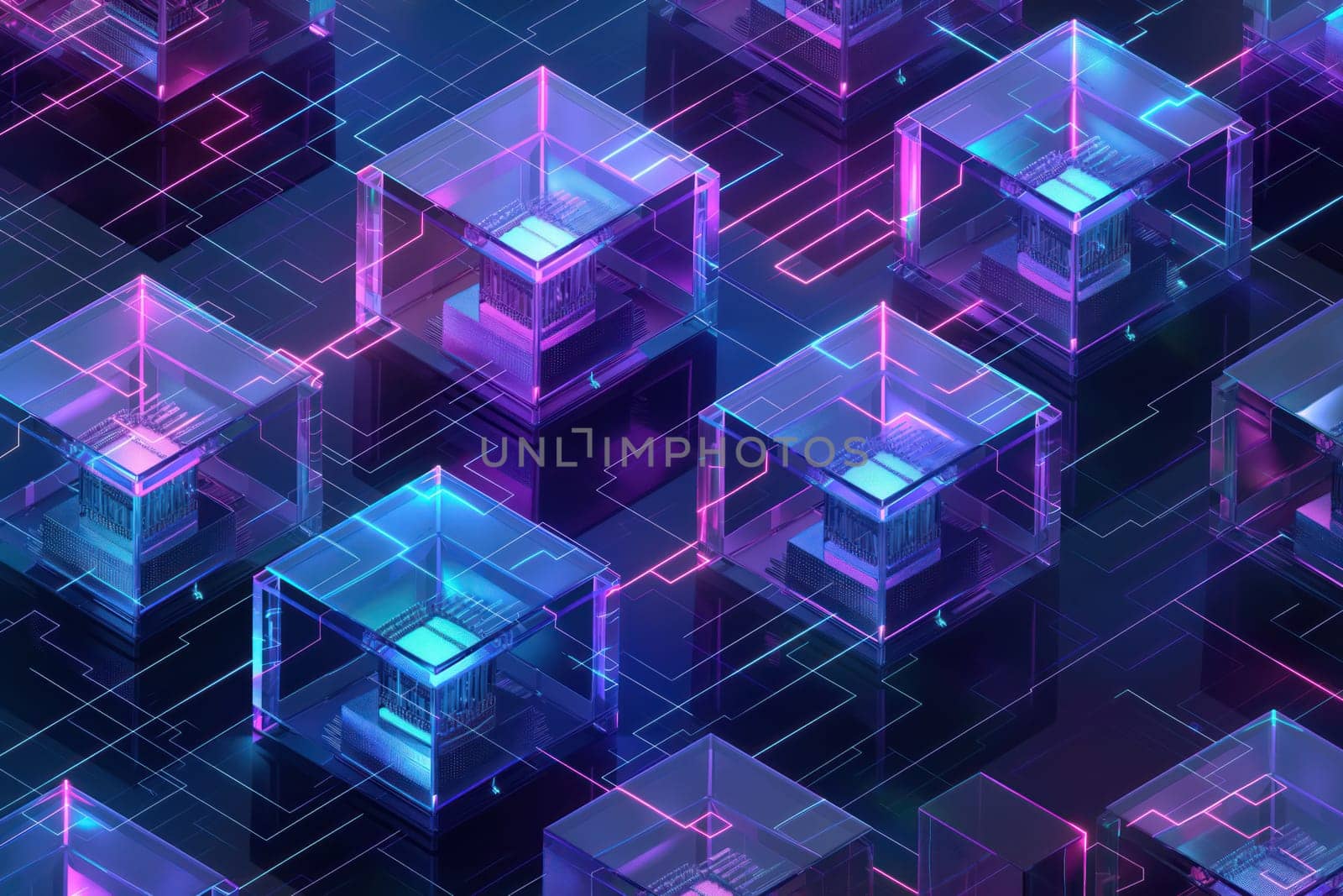 Glowing blue purple neon circuit board chip tech background with glass cubes. Generative AI design