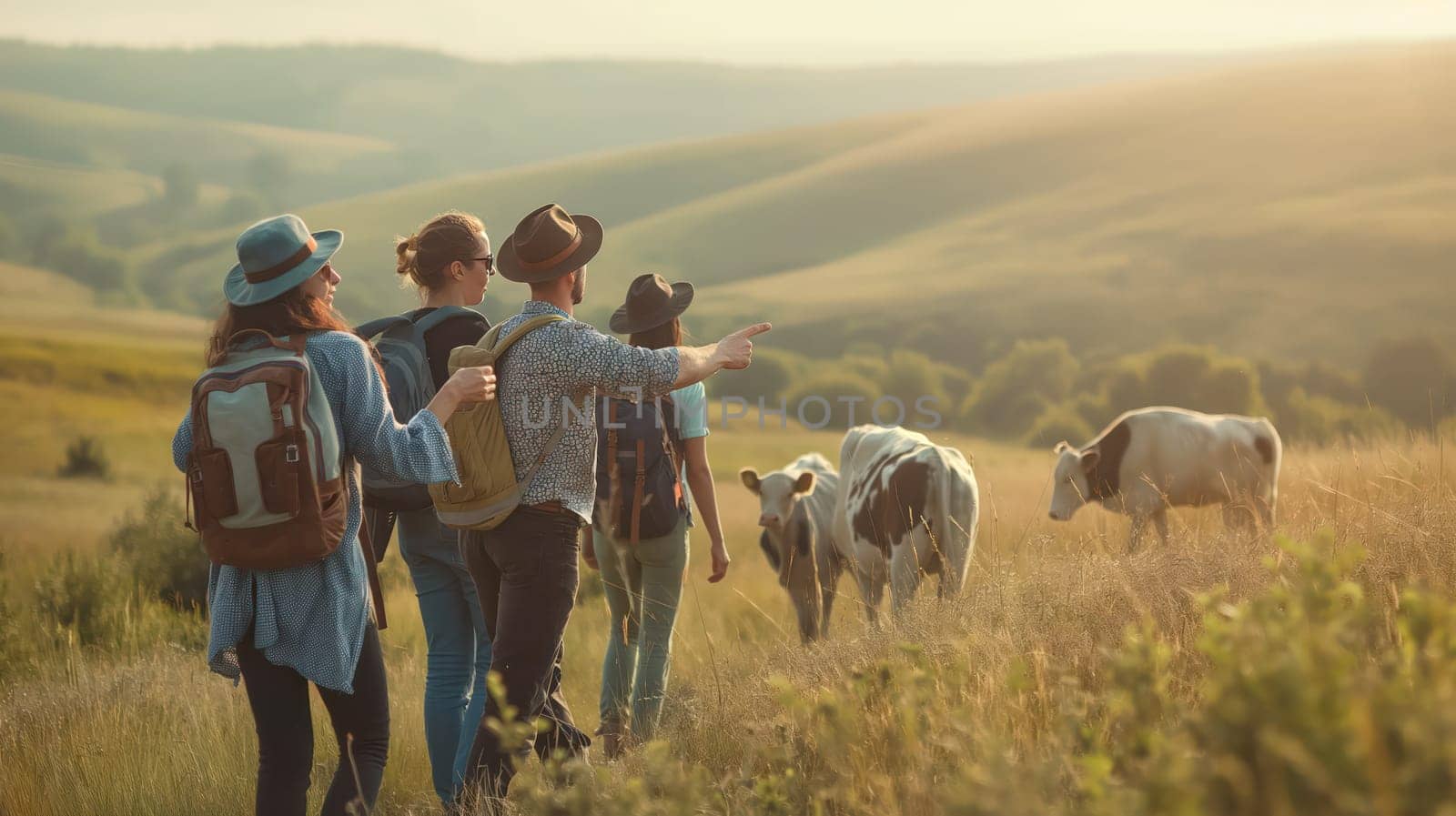 A group of tourists hikes through the countryside. Generative AI image