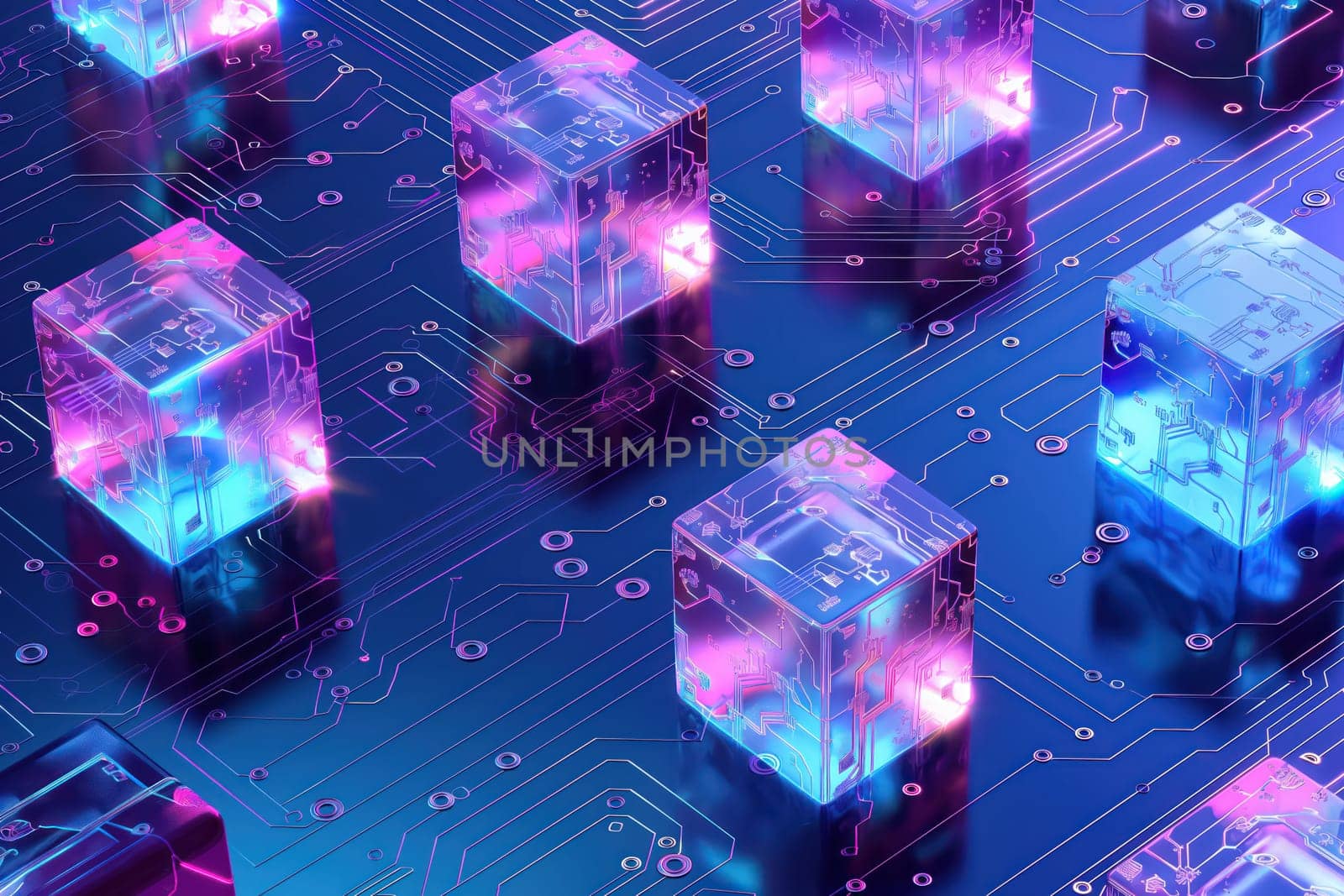 Glowing blue purple neon circuit board chip tech background with glass cubes. Generative AI design