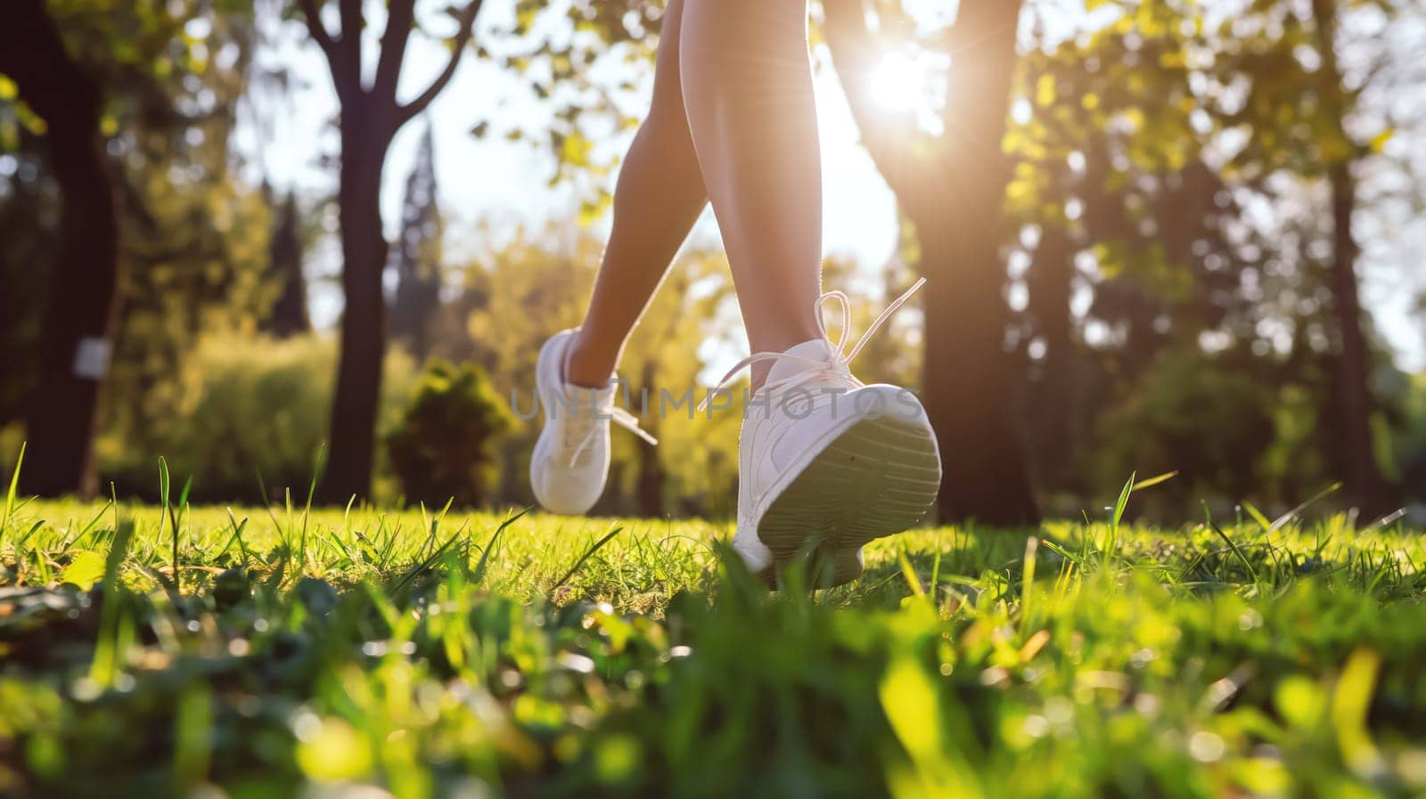 Athletic fitness girl running in the park in nature. Generative AI image