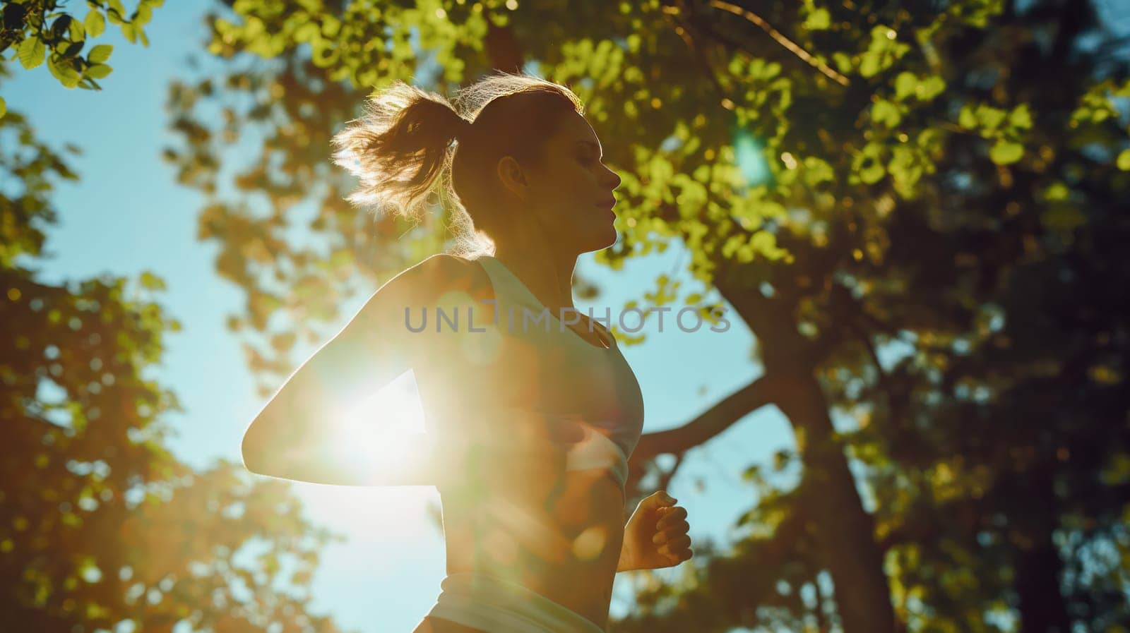 Athletic fitness girl running in the park in nature. Generative AI image