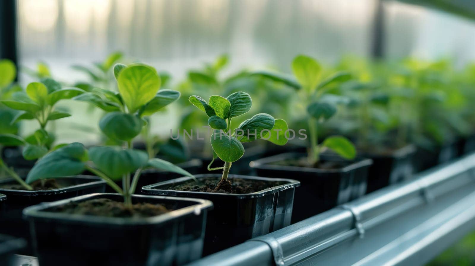 Green young seedlings in the greenhouse. Generative AI image