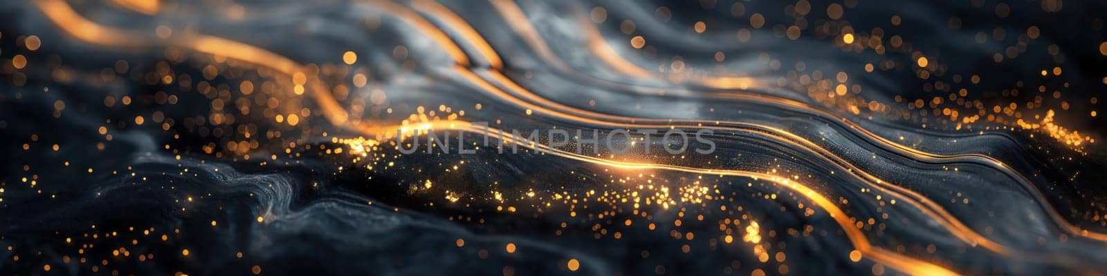 Abstract black stone and golden glowing grunge texture background. Generative AI banner design