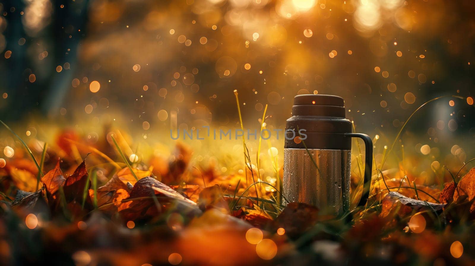 Metal thermos in the autumn forest. Generative AI image