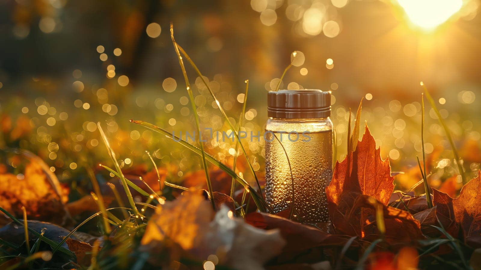 Glass thermos in the autumn forest. Generative AI image
