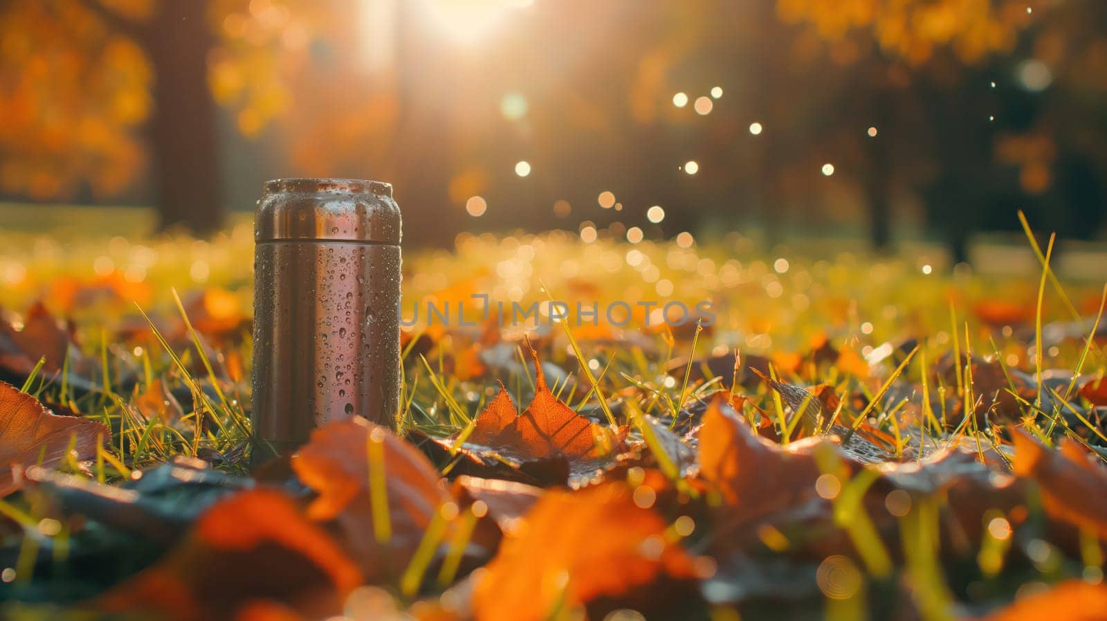 Metal thermos in the autumn forest. Generative AI image