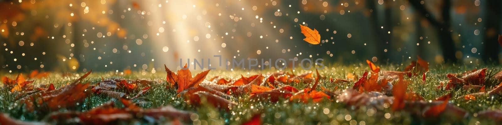 Golden orange autumn leaves and grass with drops of water dew in shining light. Generative AI image