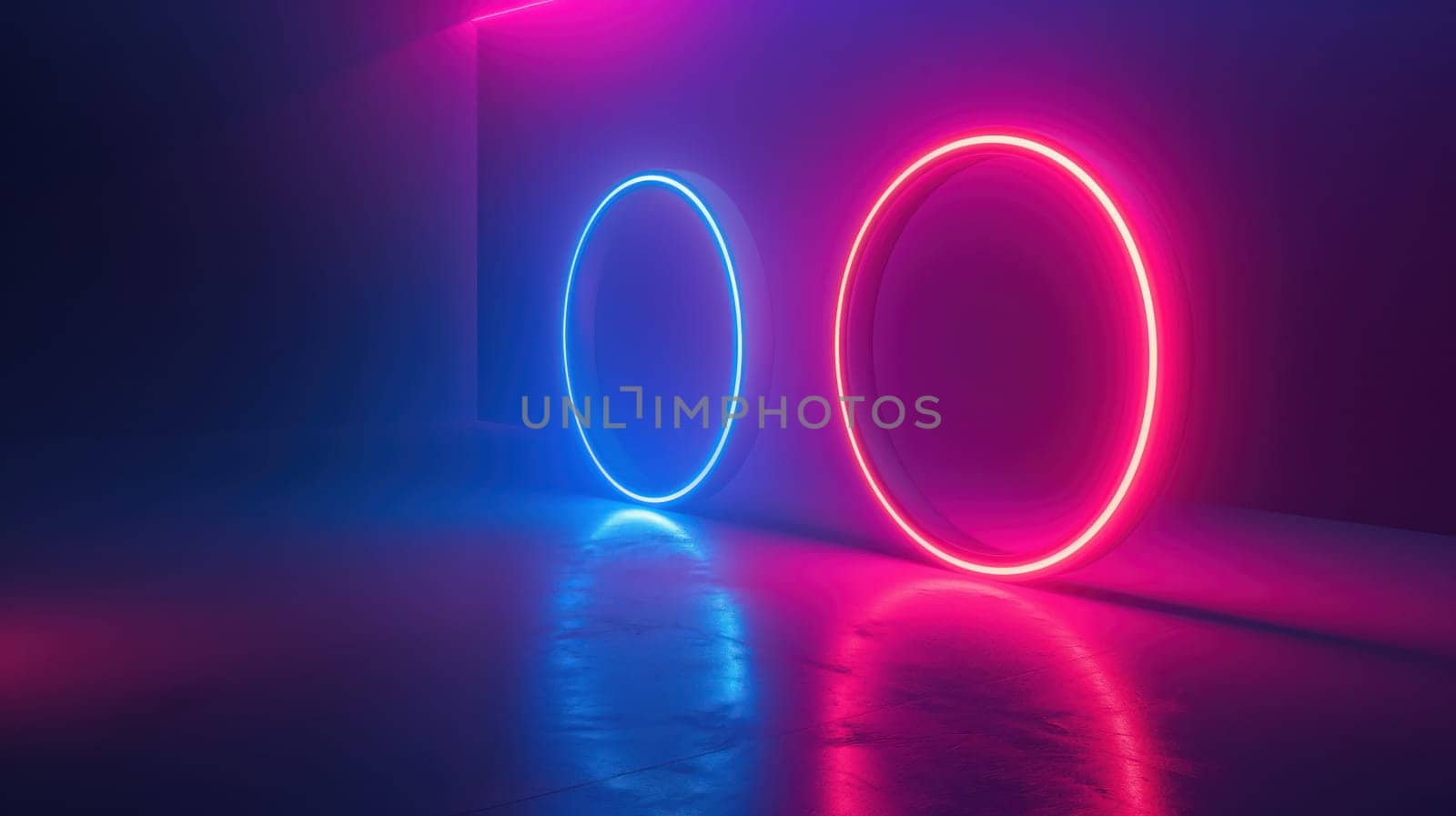 Blue purple neon futuristic rings abstract background. Generative AI design