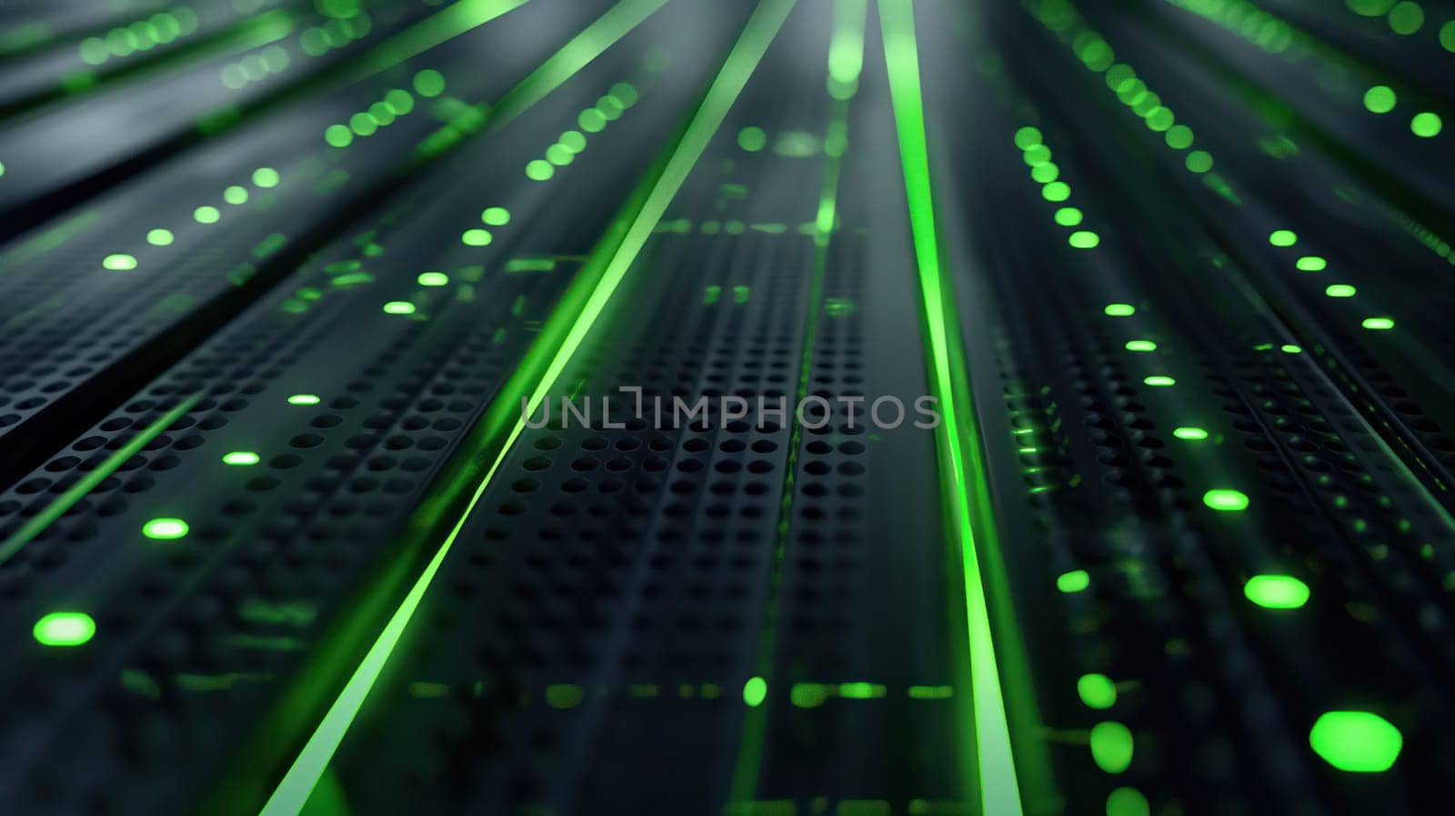 Black technology futuristic background with green neon effect. Generative AI design