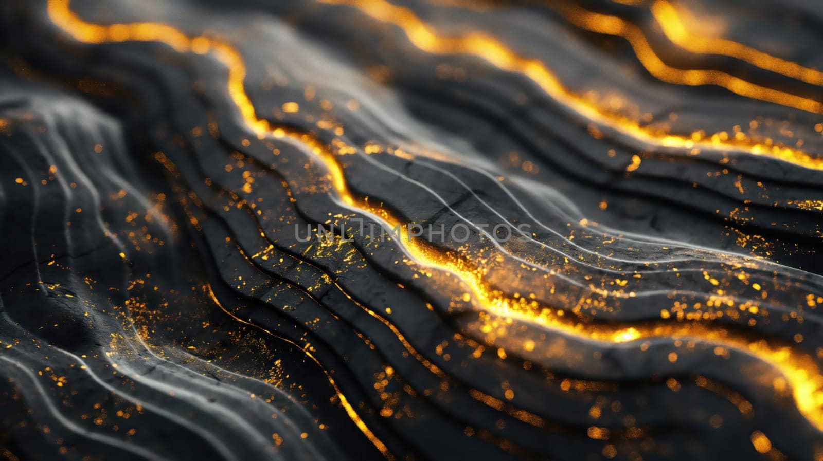 Abstract black grunge stone texture and golden liquid background. Generative AI design