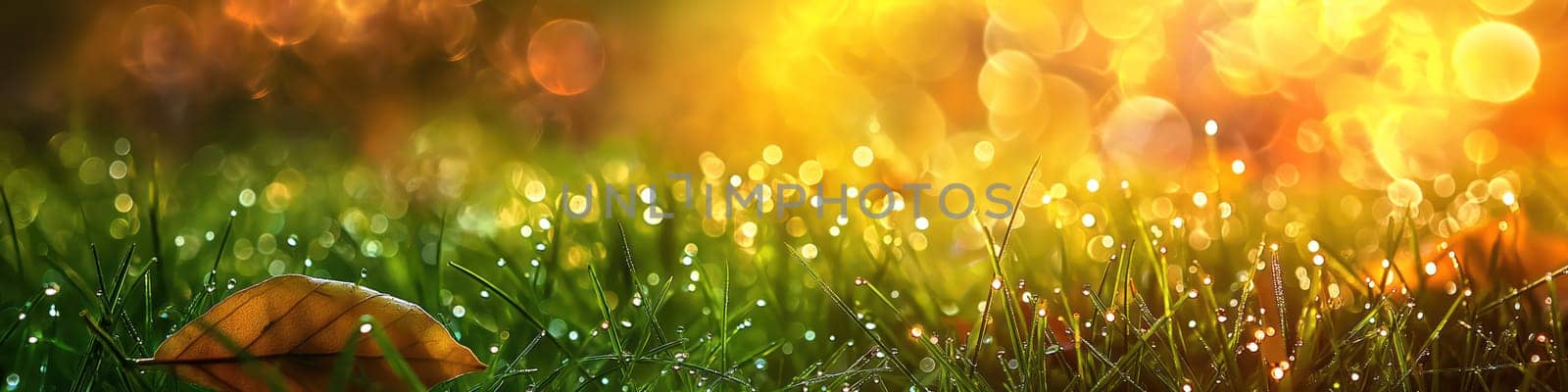 Golden orange autumn leaves and grass with drops of water dew in shining light. Generative AI image