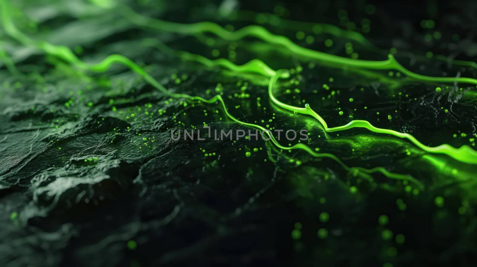 Green liquid wavy lines on grunge stone texture abstract background. Generative AI design