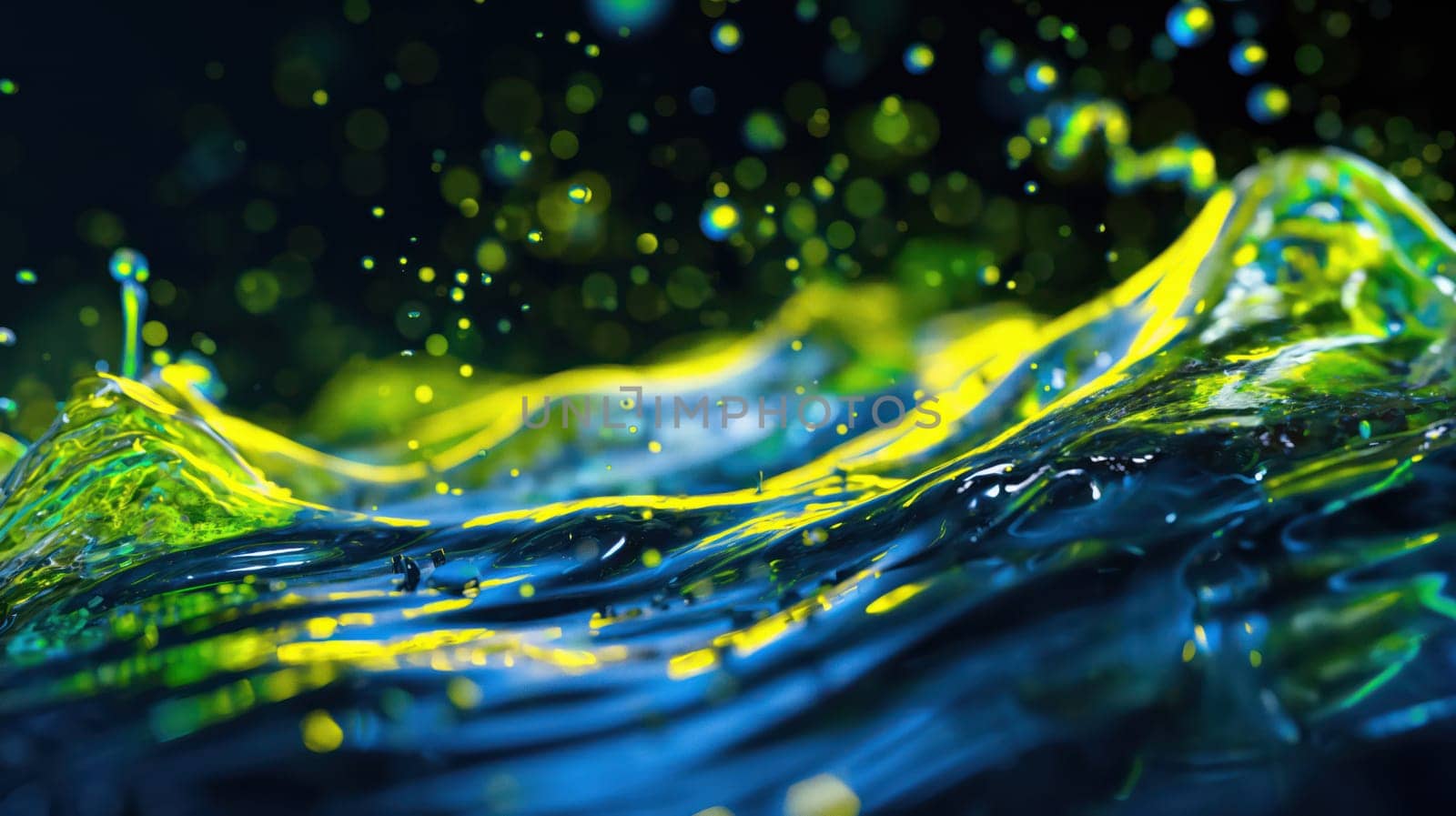 Green and blue liquid mixed on a black background. Generative AI image
