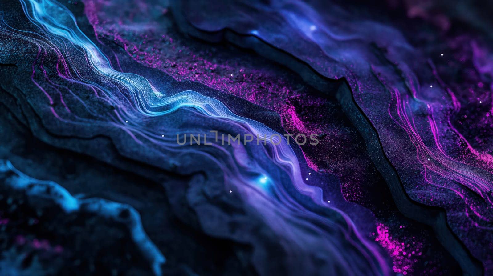 Dark grunge stone texture and purple blue glowing neon waves abstract background. Generative AI design