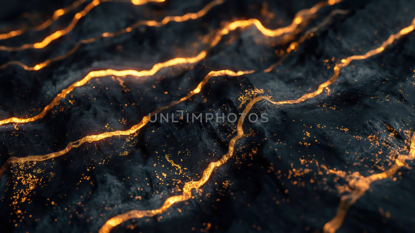 Abstract black grunge stone texture and golden liquid background. Generative AI design
