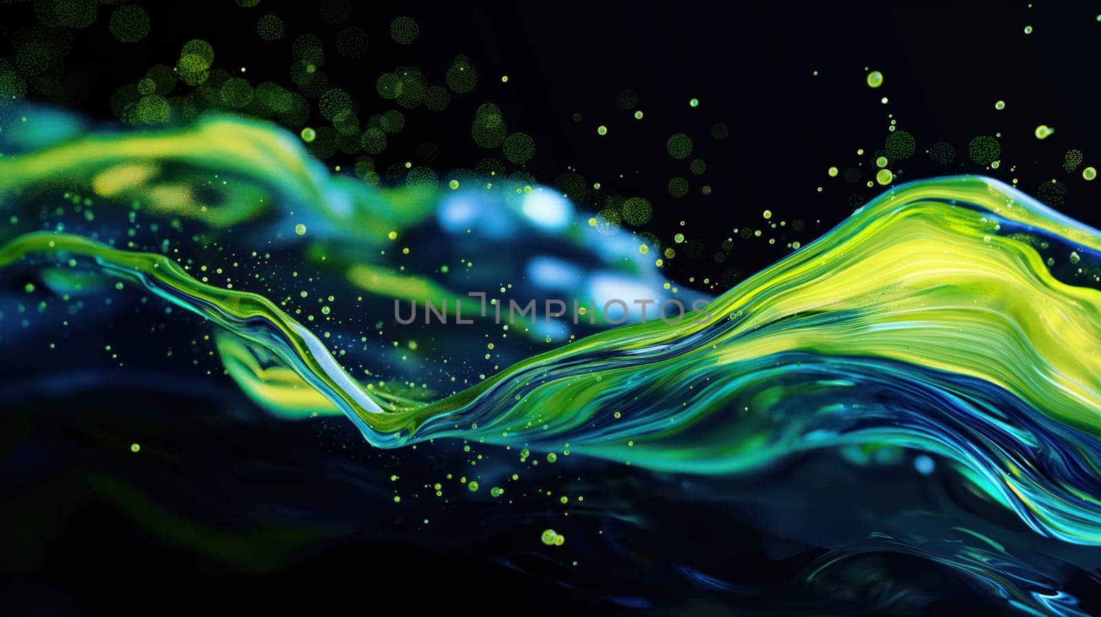 Green and blue liquid mixed on a black background. Generative AI image