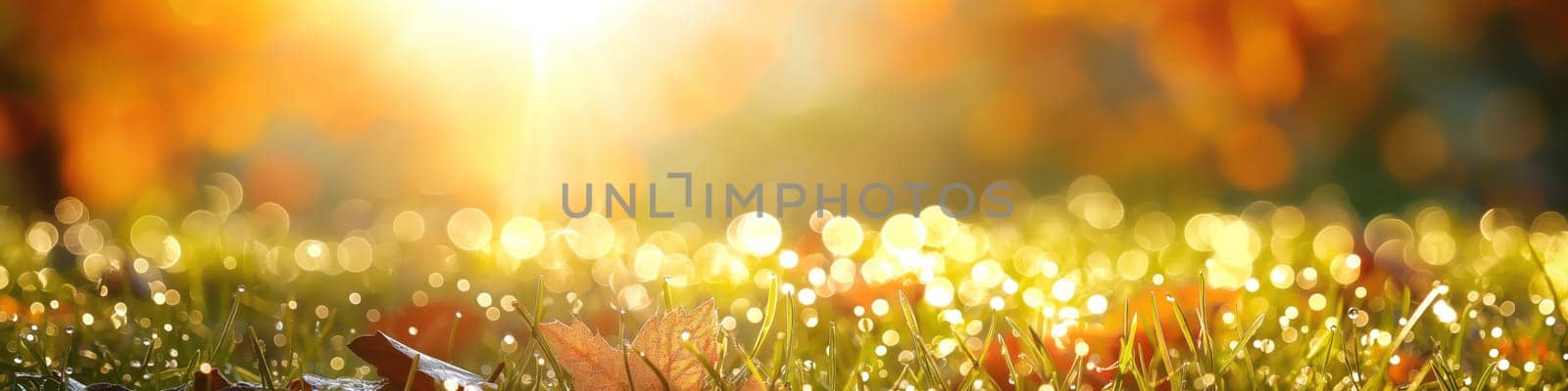 Golden orange autumn leaves and grass with drops of water dew in shining light. Generative AI image