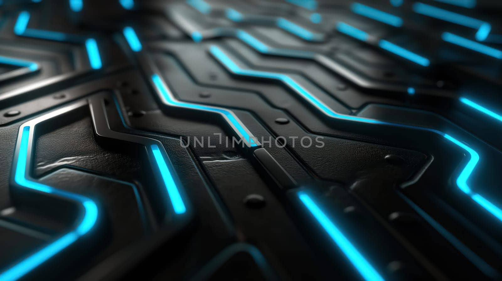 Black technology chip surface with blue neon lines abstract background. Generative AI design