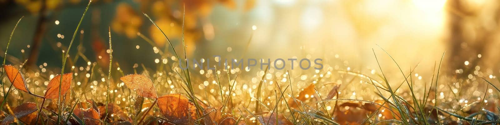 Golden orange autumn leaves and grass with drops of water dew in shining light. Generative AI image