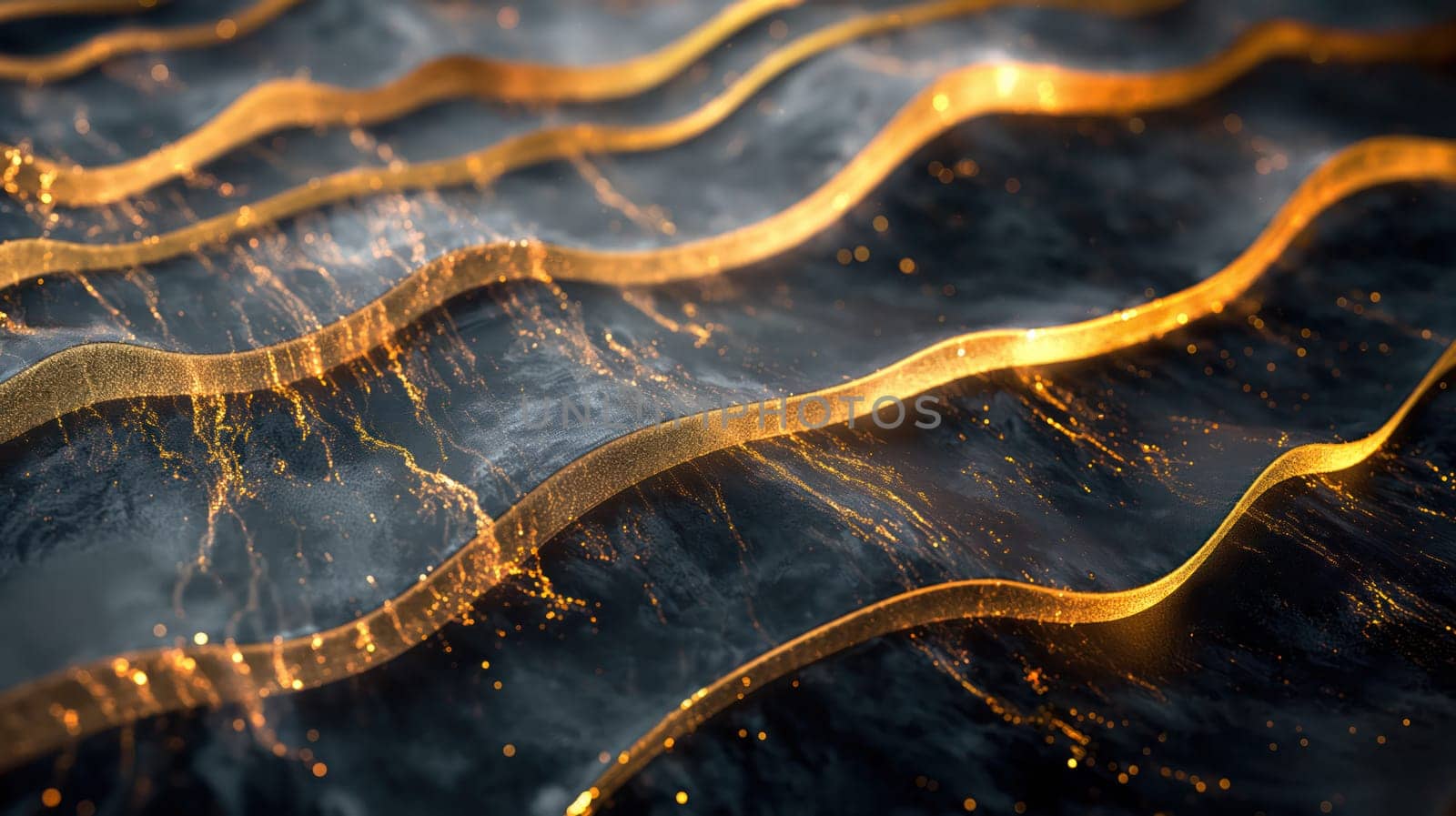 Abstract black grunge stone texture and golden liquid background. Generative AI design