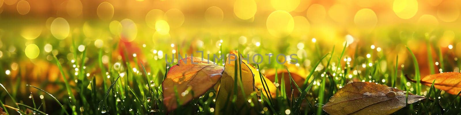 Golden orange autumn leaves and grass with drops of water dew in shining light. Generative AI image