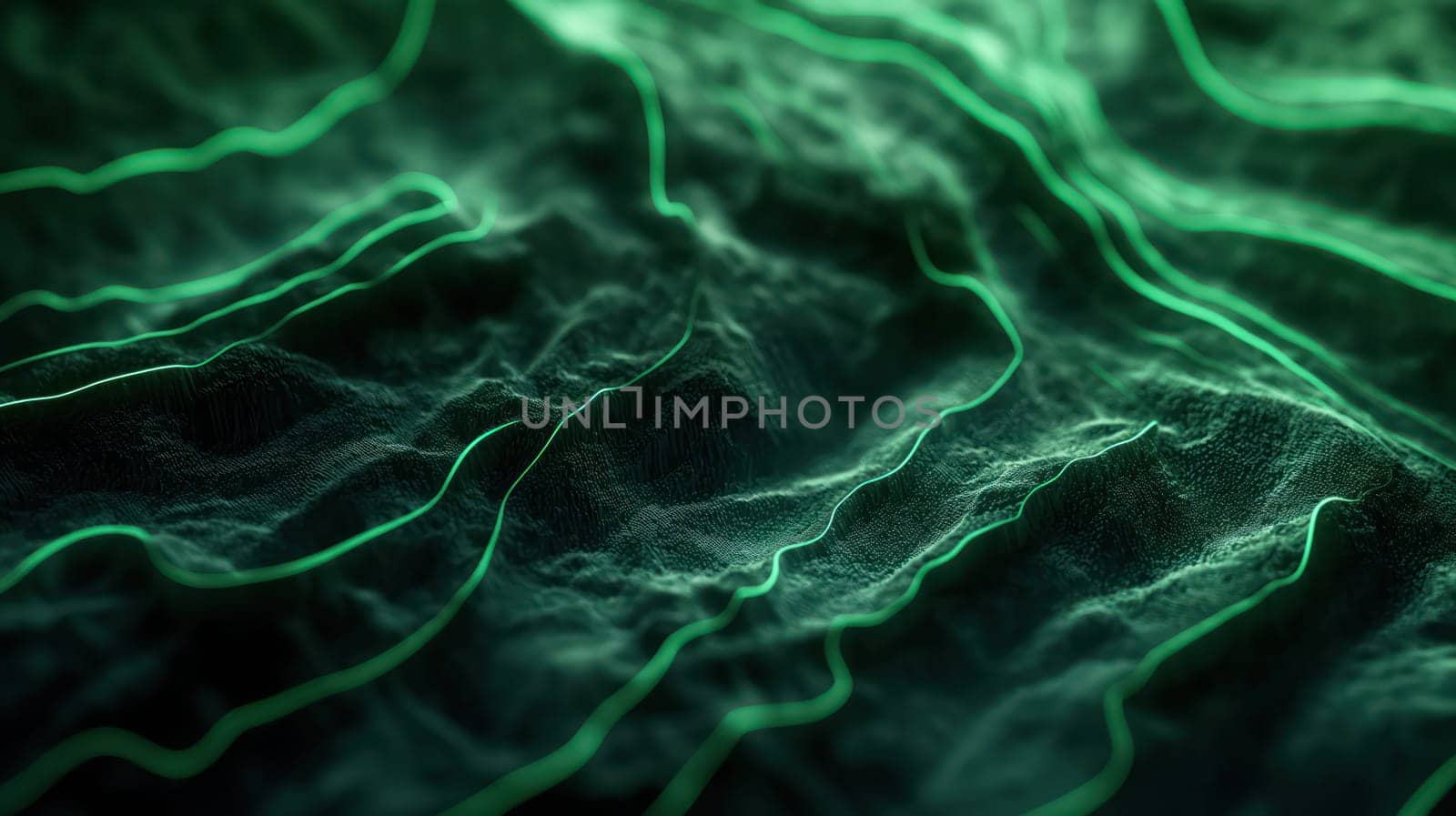 Green liquid wavy lines on grunge stone texture abstract background. Generative AI design