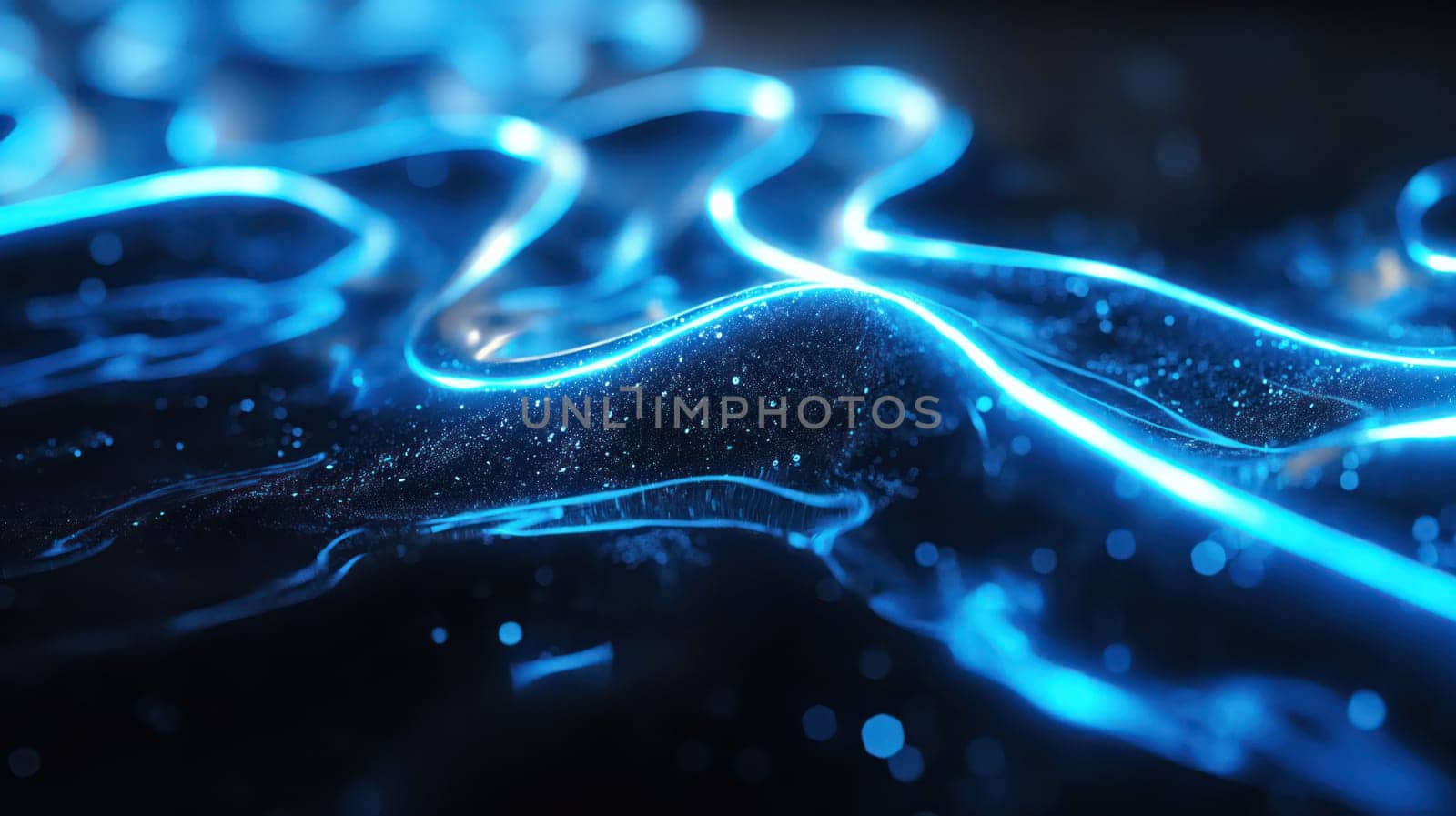 Blue sparkling neon wavy lines abstract background. Generative AI design