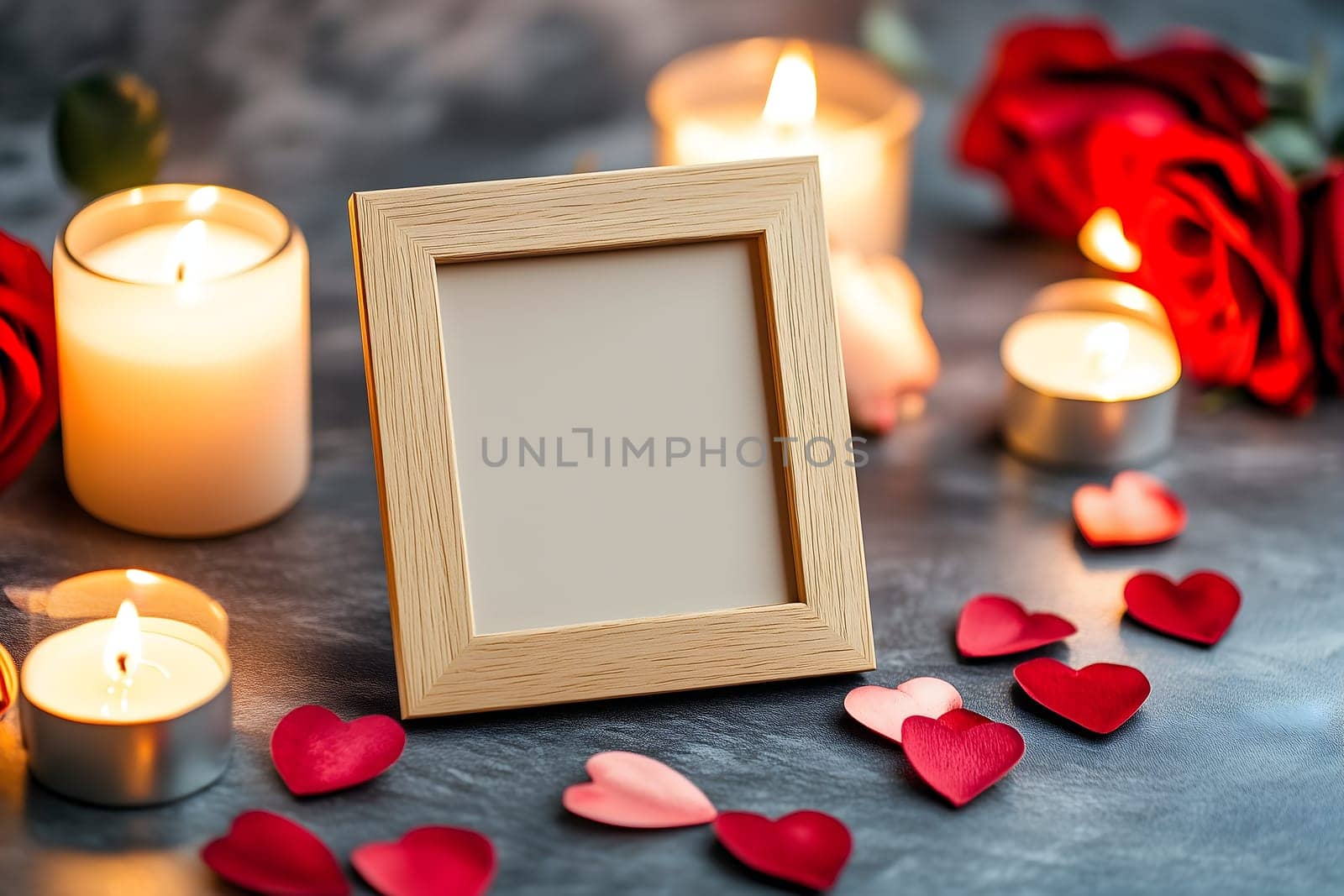 Elegant blank photo frame surrounded by lit candles, red roses, and heart-shaped decorations on a textured surface. A perfect setting for love, romance, and sentimental memories.