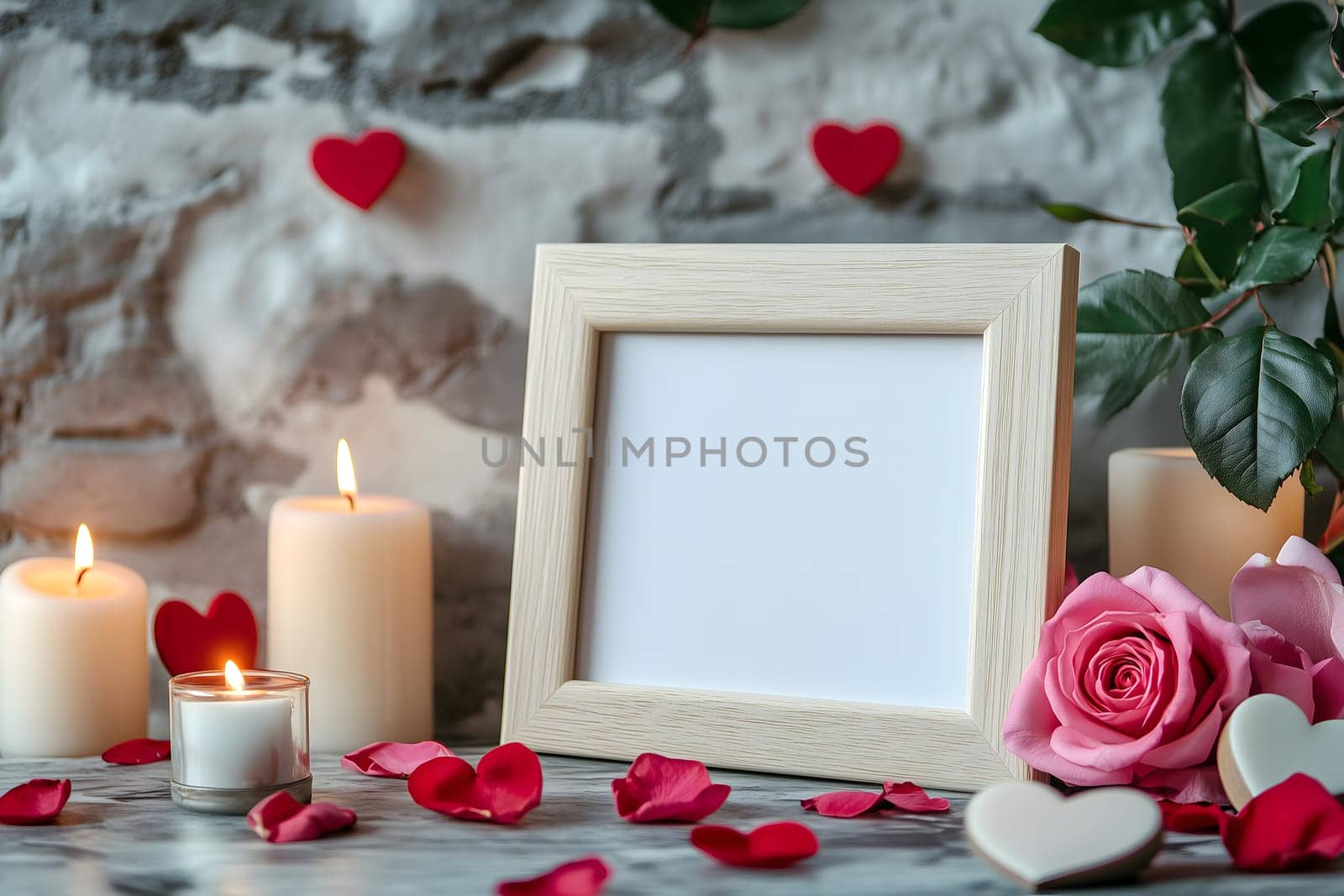 Elegant blank photo frame surrounded by lit candles, red roses, and heart-shaped decorations on a textured surface. A perfect setting for love, romance, and sentimental memories.