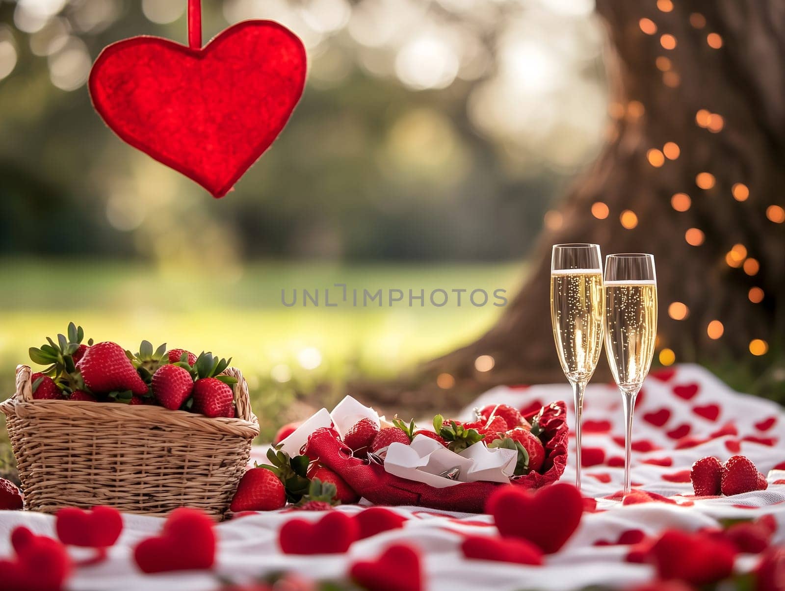 Beautiful outdoor picnic with strawberries, champagne, and heart decorations under a tree with fairy lights. A romantic and elegant setting perfect for love and celebration.