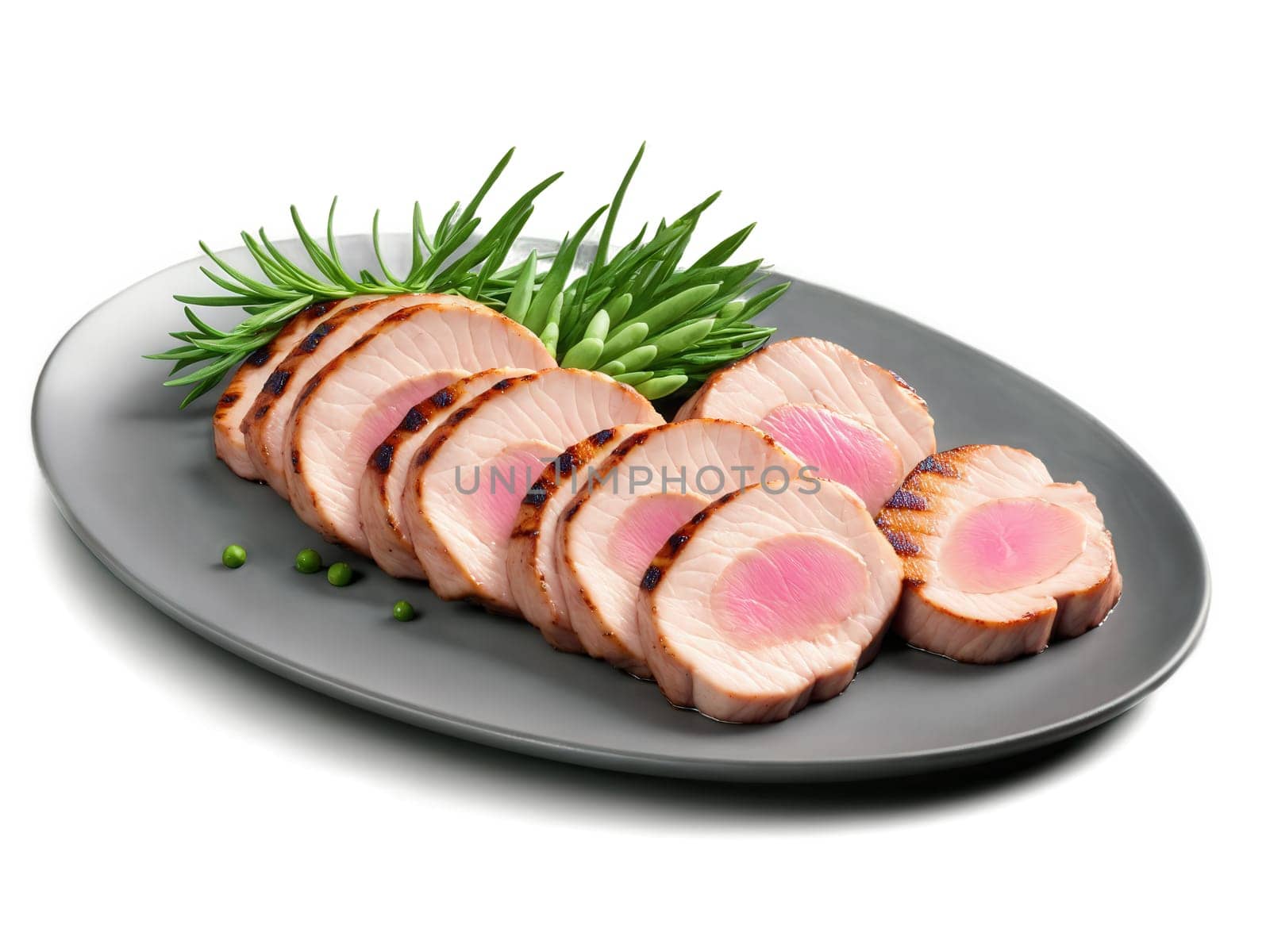 Juicy pork tenderloin medallions with grill marks, succulent pink center, vibrant green herbs, modern minimalist plating, refined image..