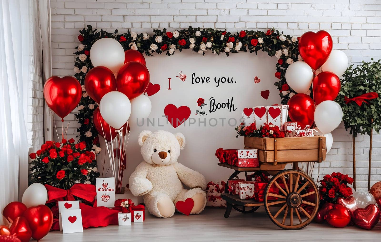 Beautiful Valentine's Day setup featuring red and white balloons, roses, a teddy bear, and romantic gift boxes. A festive and charming scene perfect for love and celebration.