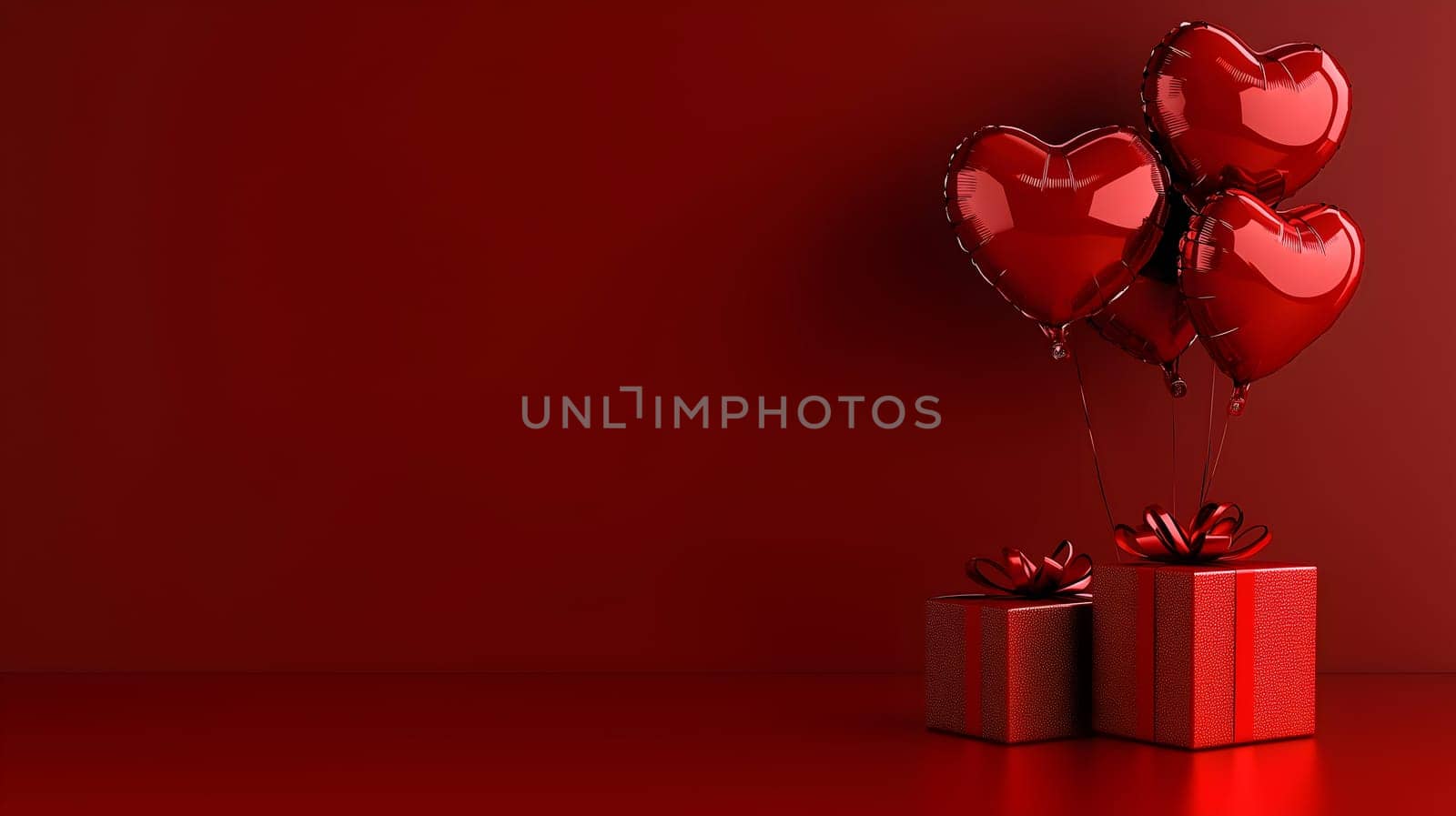 Elegant red-themed composition featuring heart-shaped balloons and gift boxes against a minimalist background. A romantic and stylish setting perfect for love and celebration.