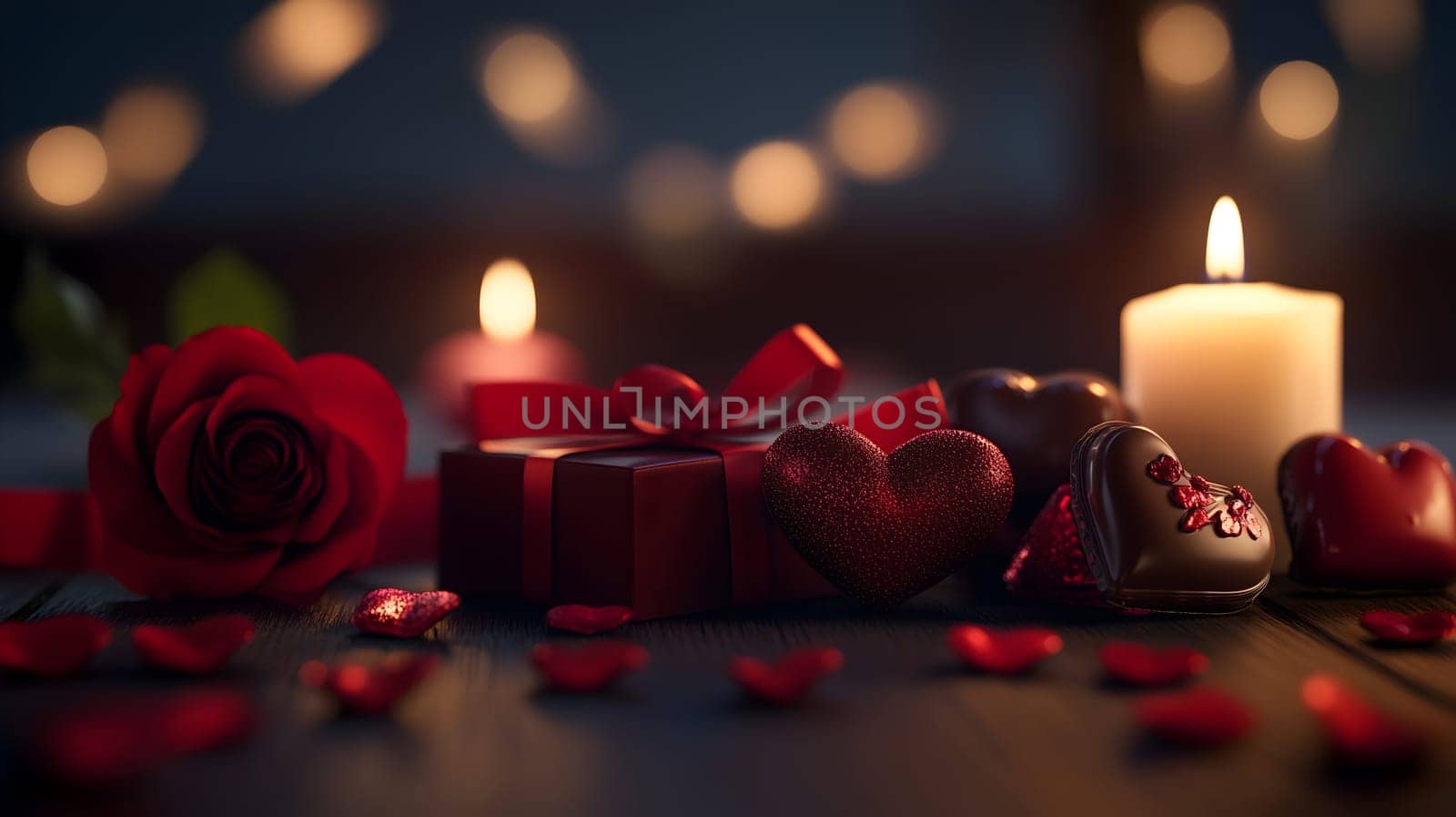 Elegant candlelit setting featuring a red gift box, roses, heart-shaped chocolates, and soft glowing lights. A warm and intimate atmosphere perfect for love and romance.