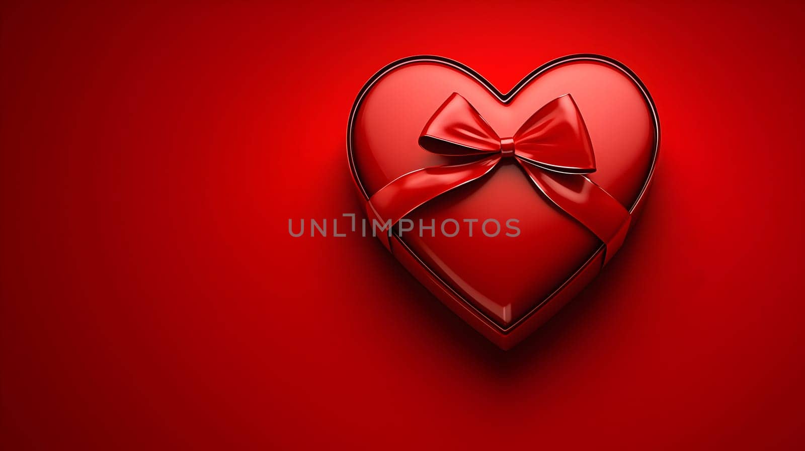 Beautiful heart-shaped gift box wrapped with a red bow, set against a vibrant red background. A perfect symbol of love, romance, and celebration for special occasions.