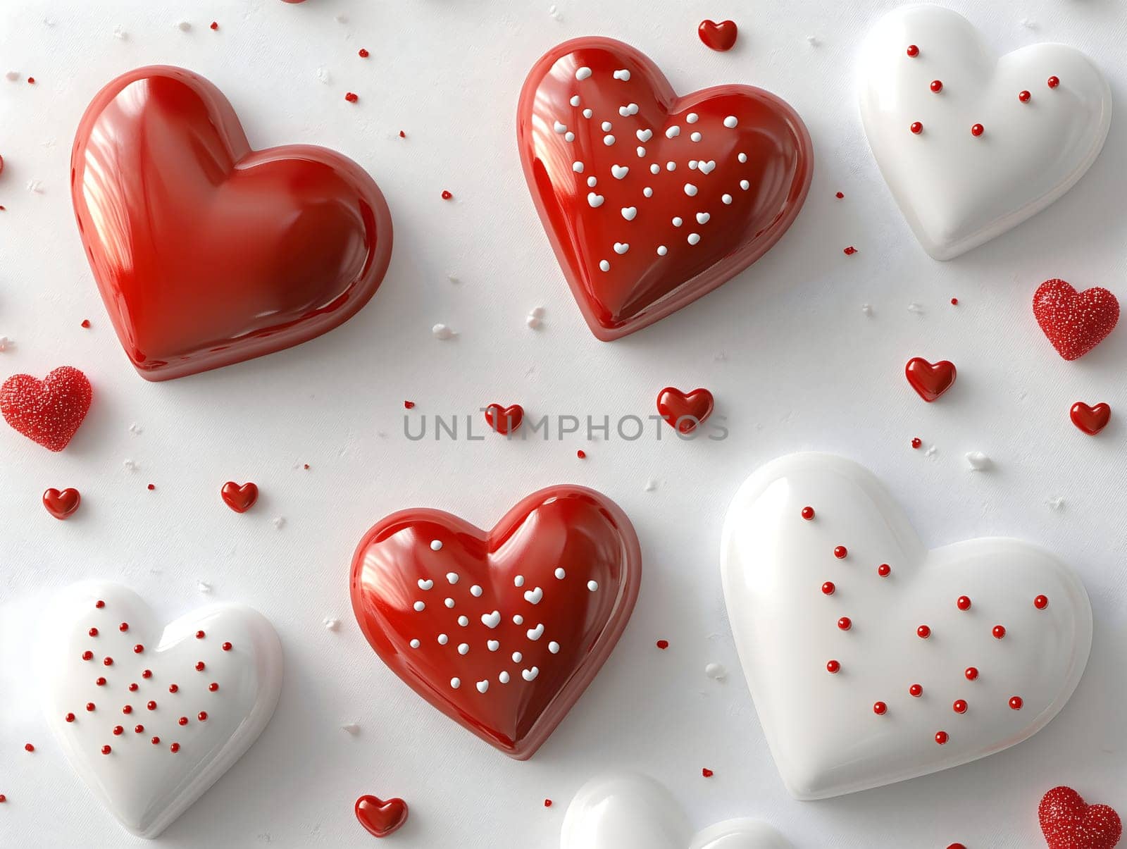 Beautiful red and white heart-shaped confections decorated with sprinkles on a white background. A sweet and festive design perfect for love, romance, and Valentine's Day.