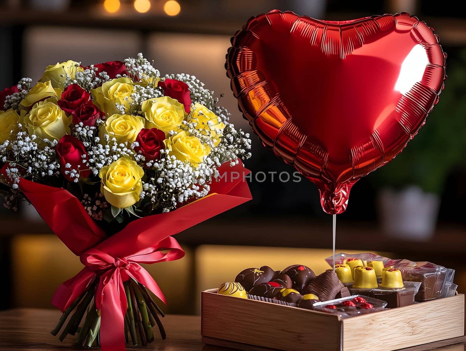 Elegant romantic gift arrangement featuring a bouquet of yellow and red roses, a heart-shaped balloon, and a box of chocolates. A perfect surprise for love, celebration, and special occasions.