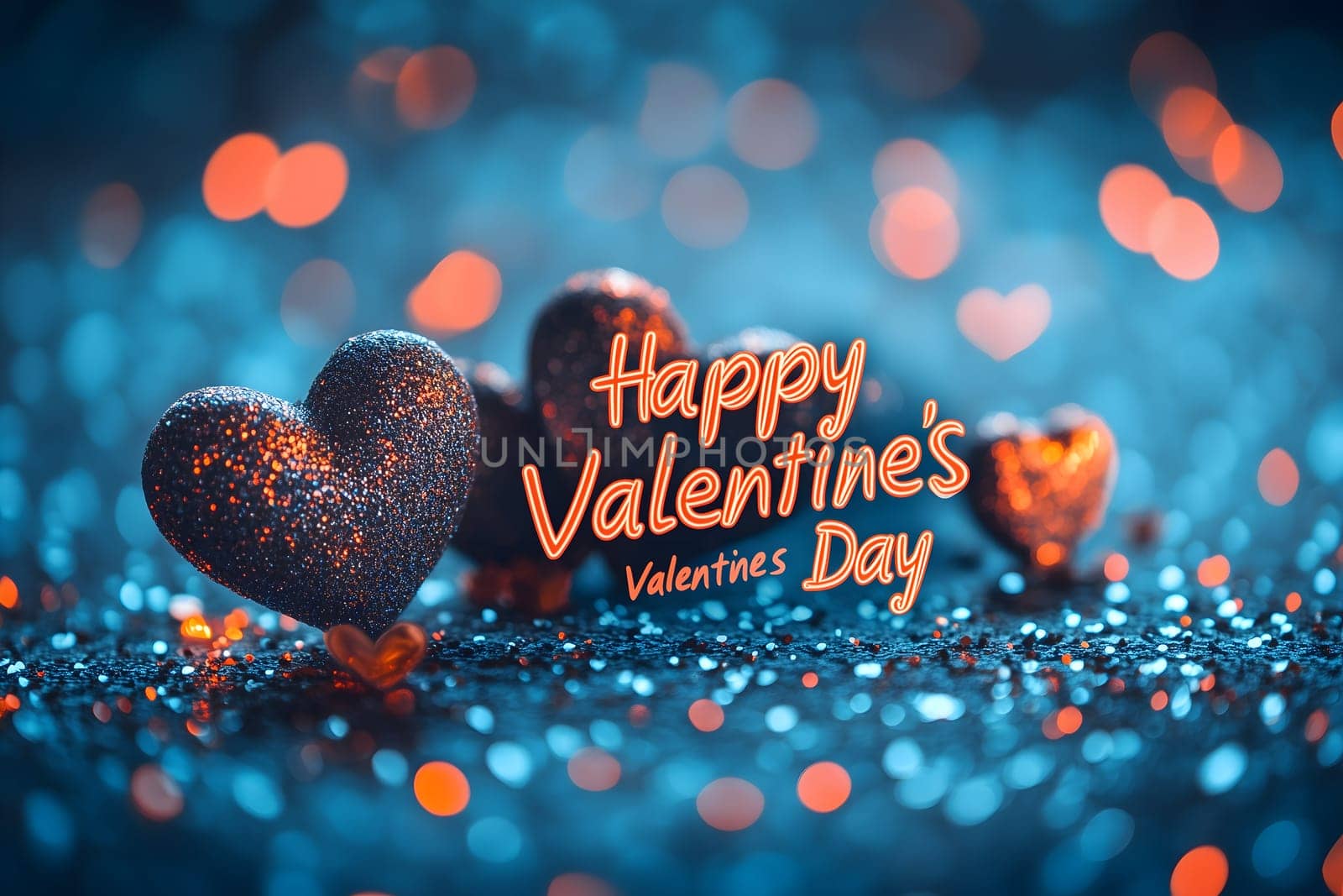 Beautiful Valentine's Day greeting with glittery hearts and glowing bokeh lights in a dreamy blue and orange color scheme. A festive and romantic celebration of love and affection.